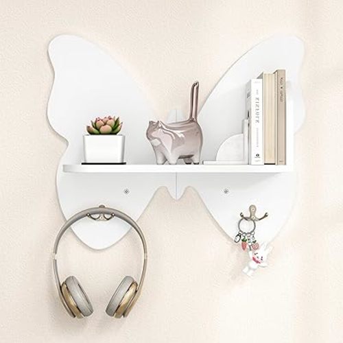 Curipeer Butterfly Shaped Wall Shelf with Hooks, Cute Butterfly Wall Decor Floating Shelf, Nursery Book Shelves for Bedroom, Living Room, Bathroom, Entry, White