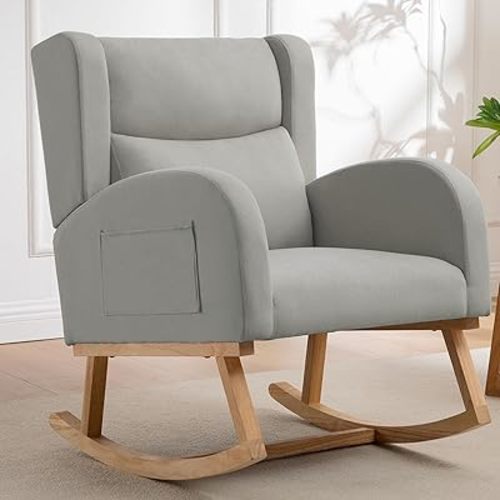 Nursery Rocking Chairs, Upholstered Rocking Chairs Glider Rocker for Living Room,Bedroom, Comfy Linen Glider Rocker Nursing Chair Wingback with Side Pocket for Nursing Adult Light Grey