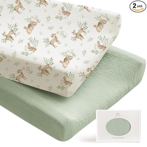 Konssy 2 Pack Muslin Changing Pad Covers for Boys, Ultra Soft & Breathable Cotton Baby Diaper Changing Table Covers, Neutral Nursery Diaper Changing Pad Sheets (Woodland,Sage)