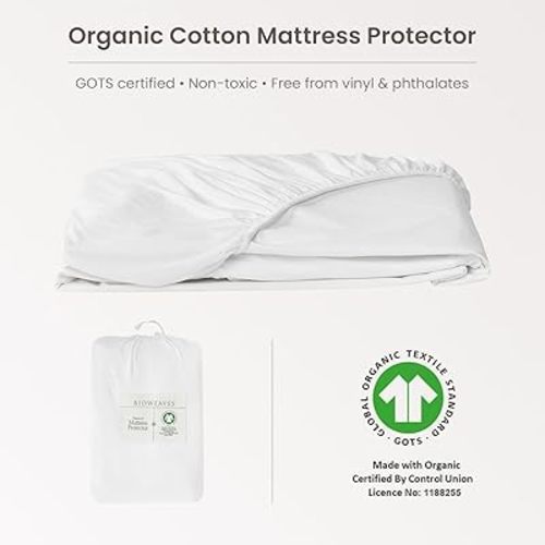 Waterproof Mattress Protector – GOTS Certified Organic Cotton Crib Mattress Cover with Breathable Piqué Weave top Layer – 20 Inch Deep Pocket, White