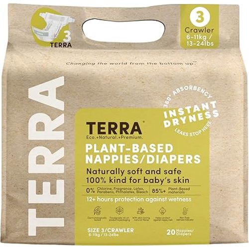 Terra Size 3 Diapers: 85% Plant-Based, Ultra-Soft & Chemical-Free for Sensitive Skin, High Absorbency for 13-24 lb Babies, 20 Count