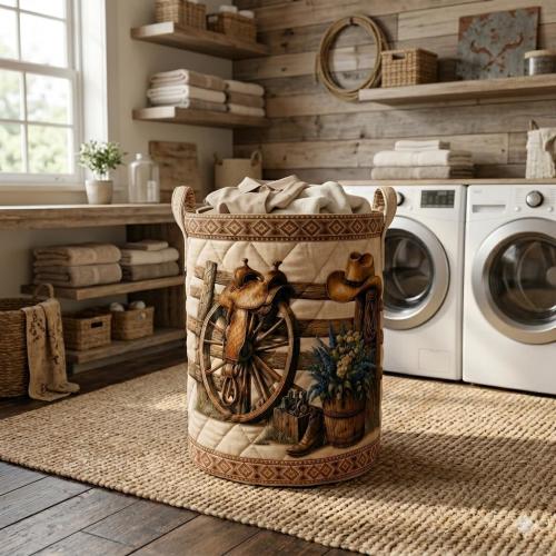 Western Quilted Laundry Basket, Cowboy Ranch Storage Basket, Rustic Farmhouse Laundry Hamper, Horse Saddle Home Decor, Gift for Cowboy