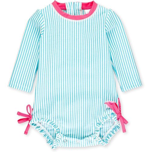 RuffleButts Baby Girls Seersucker Rash Guard - One Piece Swimsuit UPF 50+