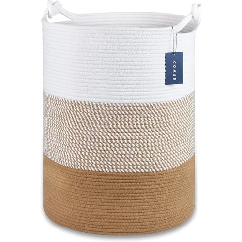 COMSE Extra Large Blanket Basket, Tall Woven Storage Basket, Nursery Hamper, 15.7”x 21.7”, Cotton Rope Laundry Hamper for Toys Clothes Towels, White/Camel