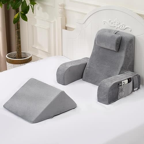Reading Pillow for Sitting in Bed Adult, Back Pillow for Sitting Up in Bed with Arm Rest and Knee Rest, Suitable for Gaming,Watching TV on Floor, 19in 5Pcs, Grey