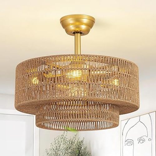 Boho Caged Fandelier with Lights Flush Mount Rattan Ceiling Fan with Lights and Remote Control, Enclosed 6 Speeds Low Profile Fan Light for Bedroom, Living Room, Kitchen
