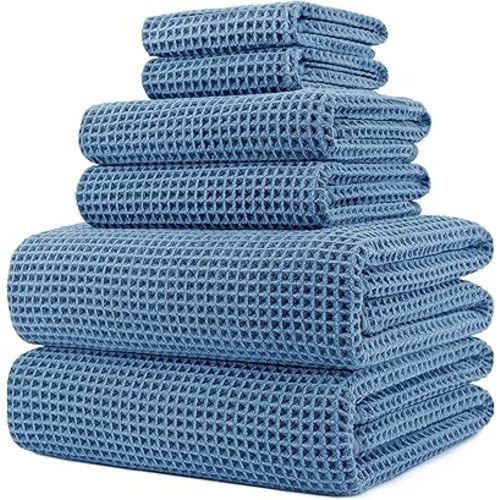 POLYTE Oversize, 60 x 30 in., Quick Dry Lint Free Microfiber Bath Towel Set, 6 Piece (Waffle Weave)