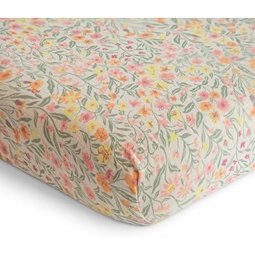 mushie Extra Soft Muslin Fitted Crib Sheet | 192 Thread Count | 28"x 52" (Pastel Blooms)