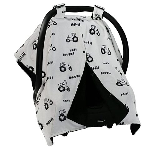 Dear Baby Car Seat Canopy 40”x30” Soft Fabric – Black/Gray Farm Tractors