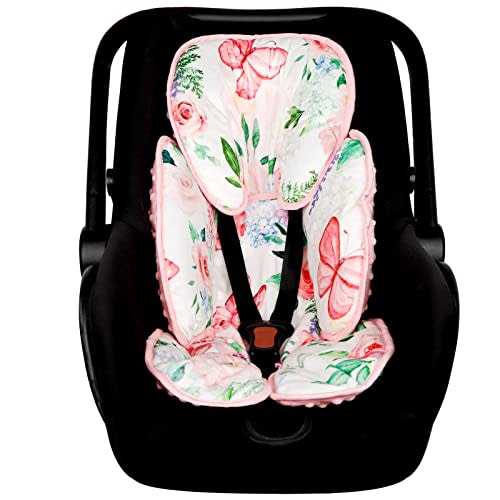 CARUILI 2 in 1 Infant Car Seat Insert, Adjustable Car Seat Head Support Baby Girls Boys, Soft Newborn Carseat Insert Cushion, Perfect for Carseats, Strollers, Swings (Pink Flower)