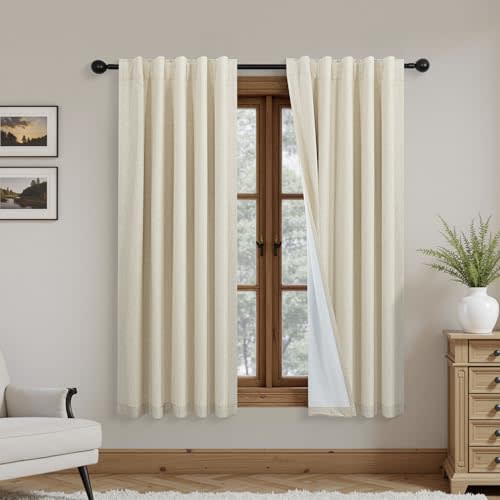 Mrs.Naturall Sun Blocking Curtains 72 Inches Long, Back Tab Farm House Linen Black Out Thermal Insulate Curtains for Living Dining Room 72 Inch Length 2 Panels Set, Warm Beige