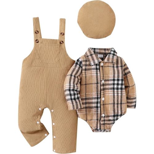 Renotemy Baby Boy Clothes Flannel Plaid Bodysuit+Corduroy Overalls+Beret Hat 3Pcs Fall Winter Outfits for 3-24 Months Boys