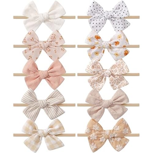 doboi 10PCS Baby Girls Headbands Hair Bows Nylon Cotton Linen Hairbands Fine Handmade Hair Accessories for Newborn Infant Toddlers Little Girls-Solid Plaid Stripe Polka Dot and Flowers