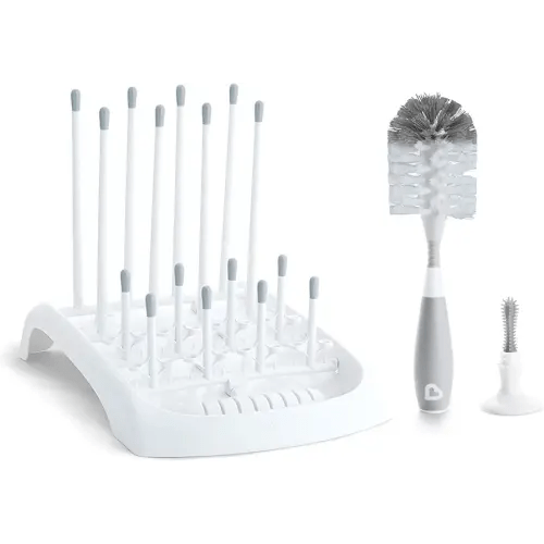 Munchkin® Baby Bottle and Sippy Cup Cleaning Set, Includes Countertop Drying Rack and Bristle Bottle Brush, Grey