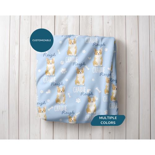 Personalized Baby Name Blanket with Corgis, Custom Pembroke Welsh Corgi Puppy Dogs Throw for Pet Themed Nursery