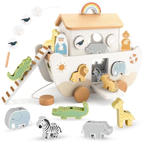 Wooden Noah’s Ark Toy for Toddlers 1-3, Baptism Christening Gifts for Boys Girls, Christian Toy Animal Shape Sorter, Baby Birthday