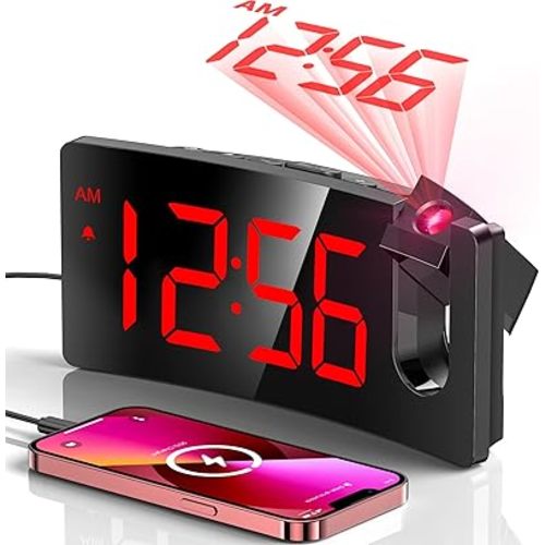 Projection Alarm Clock, Digital Clock with Modern Curved Design 180° Rotatable Projector, 3-Level Brightness Dimmer, Clear Red LED Display, Progressive Volume, 9mins Snooze,12/24H, for Bedroom