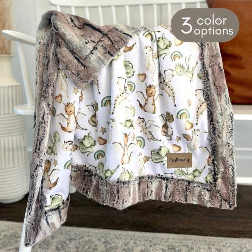 Personalized minky beige green dragons blanket super soft kids dragon gift pastel colors cozy fluffy blanket with name nursery décor bedding