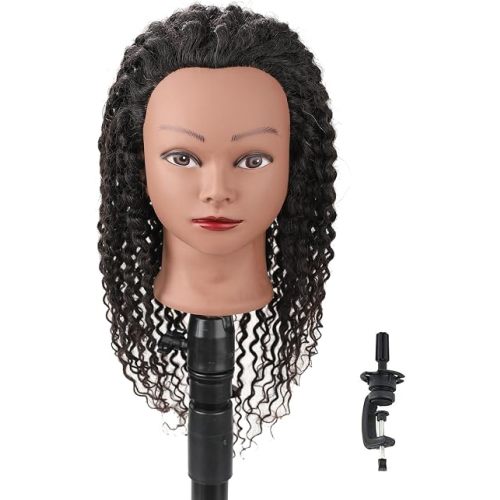 Stancia Black Mannequin Head 100% Human Hair, African American Hair Texture Styling Head, Hair Mannequin for Practice Cornrowing Braiding and Twisting (with Table Clamp)