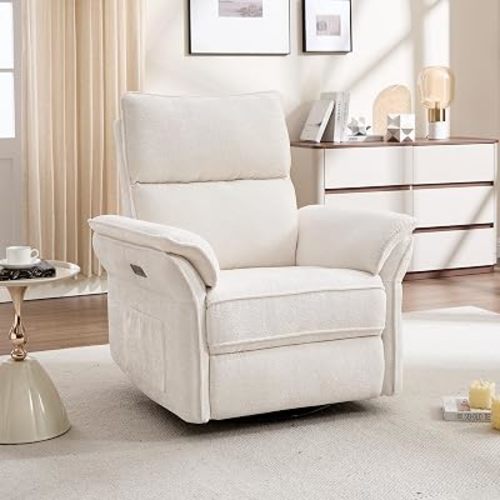 Oversized Power Recliner Chair Swivel Glider with Massage and Heat, Rocker Nursery Recliner for Adults with Adjustable Headrest, 24" Extra Wide Nursery Chair with Overstuffed Armrest,White