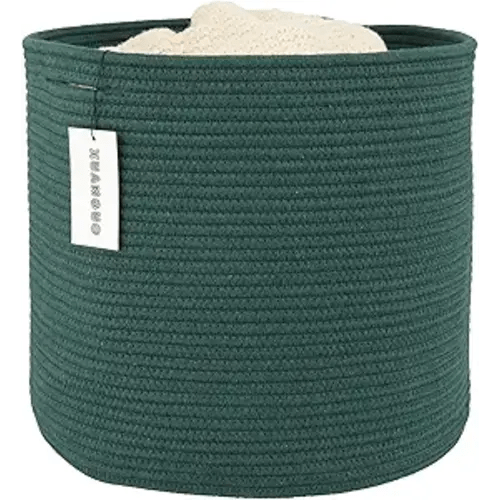 XUANGUO Cotton Rope Basket For Girls Boys Kids 16”X14” Baby Laundry Basket Nursery Bin Round Woven Baskets Organizer For Storage Toys Blankets Shoes Clothes dark green