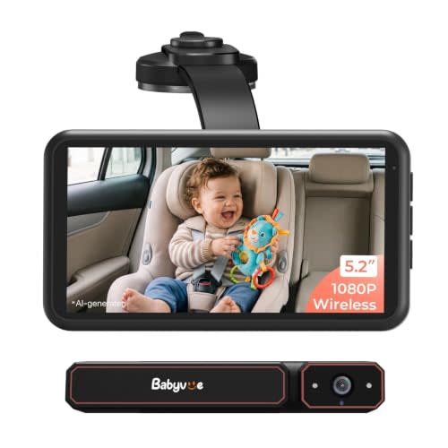 Babyvue BV6 Wireless Baby Car Camera, Baby Monitor with Suction Cup Mount | 1080P HD, 5.2" IPS Screen, Auto IR Night Vision, 3X Zoom, Easy Setup Car Seat Camera for Rear-Facing Baby Kids (Orange)