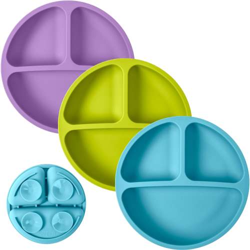 WeeSprout 100% Silicone, Suction Dishware Plate for Babies Toddlers, Divided Design, Microwave & Dishwasher Safe, 3 Pack  (Bright Green, Blue & Purple)