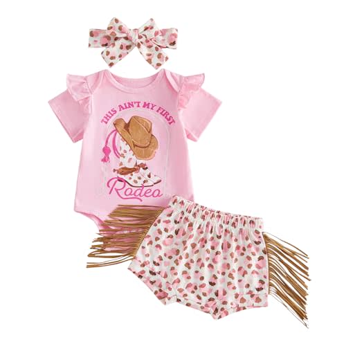 PUHHAPIEY Baby Girl Summer Spring Clothes Baby Cowgirl Outfit New Cowgirl in Town Short Sleeve Romper + Shorts and Headband