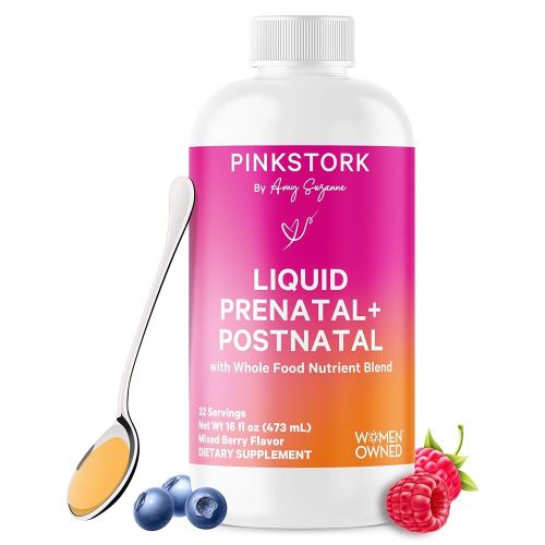 Pink Stork Liquid Prenatal Vitamins for Women - Berry Flavor - Organic Food Blend - for Fertility, Pregnancy, Postpartum- Morning Sickness Support - Breastfeeding and Lactation - 32 Servings