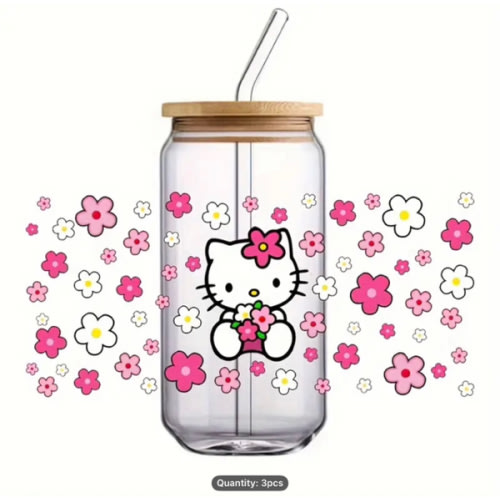 3pcs Sanrio Hello Kitty Vinyl Stickers, Cartoon Waterproof DTF Transfer Decals, Self-Adhesive for Glass & Ceramic, Single Use, Rectangle Shape, Mixed Color, for Water Bottles & Cups Decor