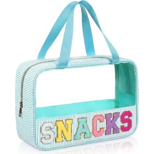 Sanwuta Seersucker Snack Bag Chenille Letter Clear Makeup Bag with Handle and Zipper Seersucker Stripe Preppy Women Cosmetic Pouch for Storage Travel Organizer(Lake Blue)