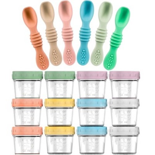 12-Pack Glass Baby Food Storage Jars with Lids, 6-Pack Silicone Baby Self-Feeding Spoons – BPA-Free, Leakproof, Freezer Safe Jars