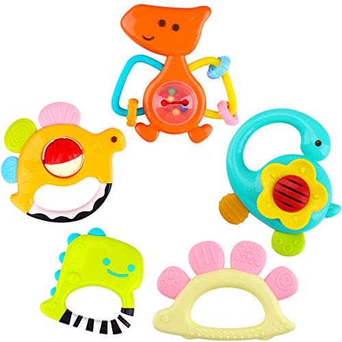 iPlay, iLearn 5 Dinosaur Baby Rattles, Teether, Shaker, Grab and Spin Rattle, Musical Toy Set, Early Educational Toys, Unique Gifts for 3, 6, 9, 12, 18 Month Olds Infant, Newborn, Toddler, Boys, Girls