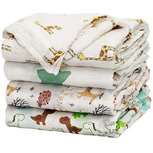 Baby Swaddle Blanket Upsimples Unisex Swaddle Wrap Soft Silky Bamboo Muslin Swaddle Blankets Neutral Receiving Blanket for Boys and Girls, 47 x 47 inches, Set of 4 - Fox/Elephant/Giraffe/Dinosaur