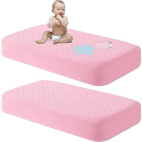NTBAY 2 Pack Waterproof Crib Mattress Protector, Quilted 28"x52" Toddler Fitted Sheet - Machine Washable - Soft and Breathable Mattress Pad Cover for Crib, Nursery, Daycare, Cot, Pink