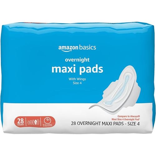 Amazon Basics Thick Maxi Pads with Wings for Periods, Overnight Absorbency, Leak Protection, Super Absorbent, Unscented, Size 4, 28 Count