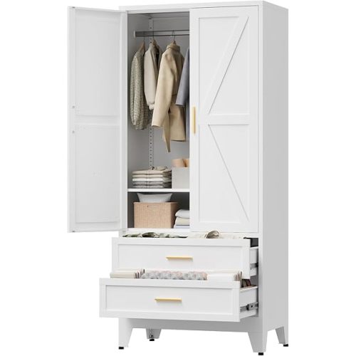 71" Tall Metal Wardrobe Cabinet with 2 Drawers and Hanging Rod, 2 Doors Armoire Wardrobe Closet with Shelf for Bedroom, Office, Laundry Room, White