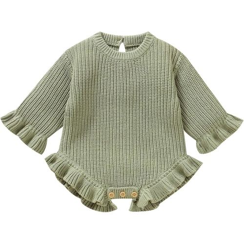 Opewod Baby Girl Knit Sweater Romper Newborn Ruffle Long Sleeve Sweater Crew Neck Pullove Warm Fall Winter Clothes Outfit