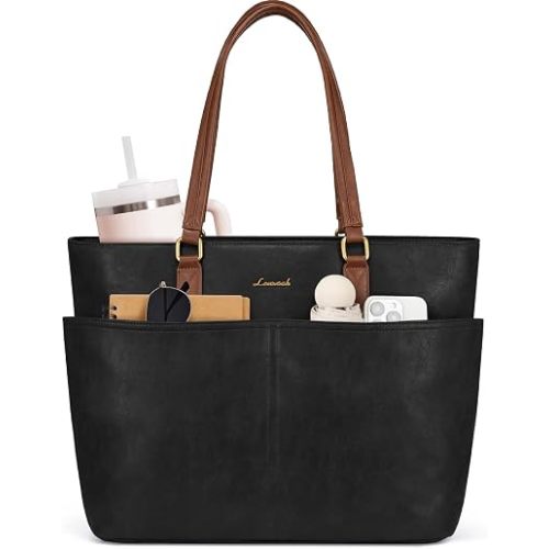 LOVEVOOK Work Tote Bag for Women, Retro Leather 17.3 Inch Laptop Bag with Large Cup Holder, Computer Briefcase Handbag for Teacher, Nurse, and Medical Professionals