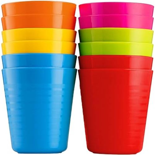 Kids Plastic Cups Set of 12 Toddler Cups 8 Ounce Children Drinking Tumblers - Reusable Dishwasher Safe BPA Free