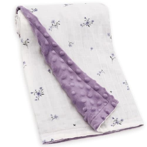 LifeTree Baby Blankets for Boys Girls, Soft Double Layer Swaddle Blankets, Muslin Front and Dotted Fleece Backing Receiving Bed Throw Blanket for Newborn Unisex, 31X40 Inches, Purple Flower