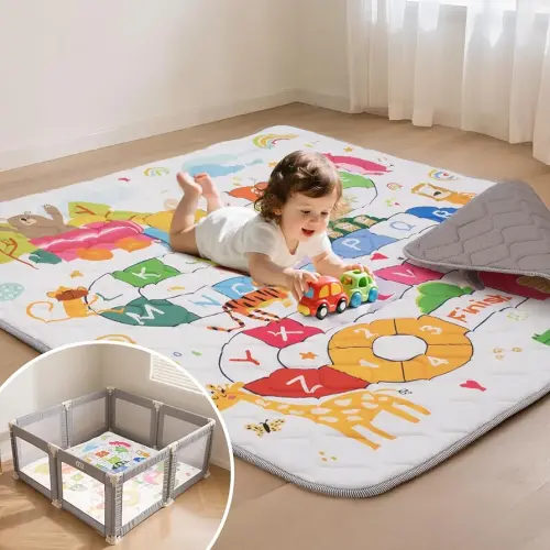 Baby Play Mat for Floor,50x50 Inch Soft Padding Crawling Mat, Foldable and Machine Washable, Thick for Babies & Toddlers,Animal School