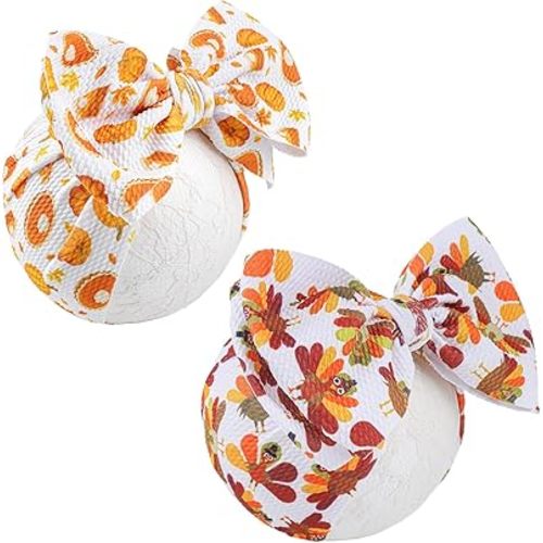 YanJie Thanksgiving Turkey Printed Handmade Pumpkin Bows for Baby Girls, Fall Theme Party Accessories for Infants, Toddlers