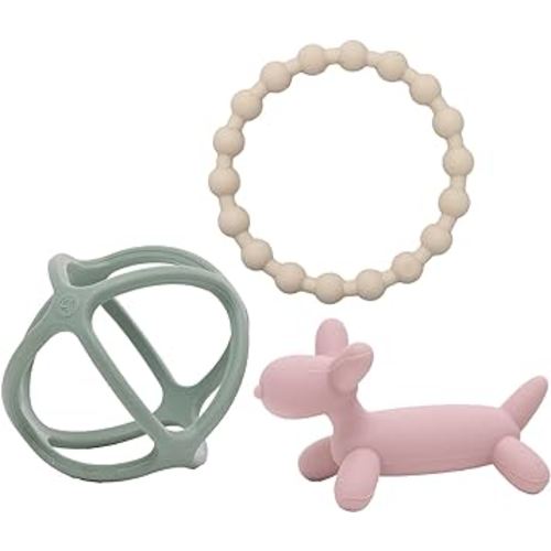 WeeSprout Silicone Baby Teether Toys for Infant Babies and Toddlers, Cute Ring, Puppy Dog, and Ball, Soft and Flexible, BPA Free, Boys and Girls (Matte Green, Pink & Off White)