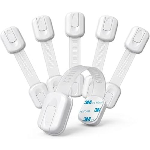 Child Safety Locks, 6 Pack, White, Sliding Latch, Adhesive Mount, Multipurpose, by Eden Nest
