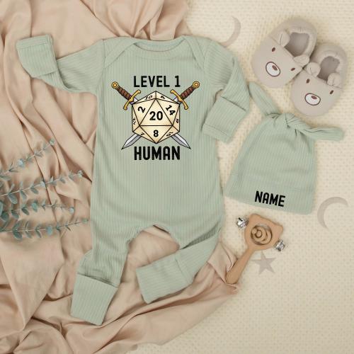 Custom Dragon Baby Bodysuit and hat set, Cute Newborn Level 1 Human, New Baby Announcement, Baby Shower Gift, Baby coming home Outfit