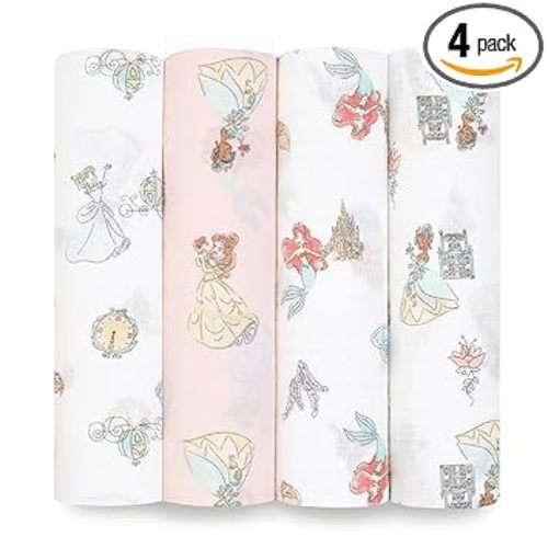 aden + anais Essentials Muslin Swaddle Blankets, Newborn Receiving Blanket for Swaddling, 100% Cotton Baby Swaddle Wrap, 4 Pack, Disney Princess