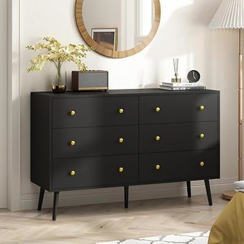 Dresser for Bedroom with 6 Drawers, Double Wood Dresser with Gold Handles, Modern Mid Century Chest of Drawers for Living Room, Hallway, Black