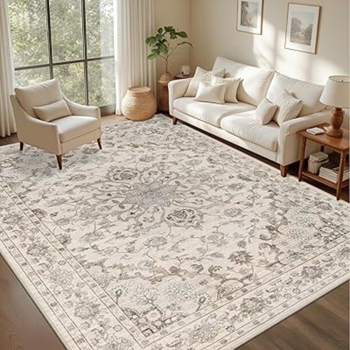 5x7 Area Rugs Living Room Rug: Washable Vintage Distressed Floral Rug No Slip Stain Resistant Soft Carpet Indoor Large Carpets for Bedroom Dining Room Farmhouse Nursery Hallway Home Office Brown Beige