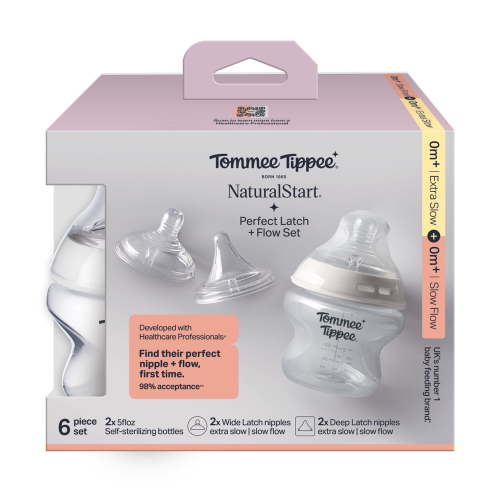 Tommee Tippee Natural Start Perfect Latch and Flow Baby Bottles for 0m+, Pack of 2, 5oz Baby Bottles, with 2 Deep Latch Nipples and 2 Original Wide Latch Nipples in 2 flows each
